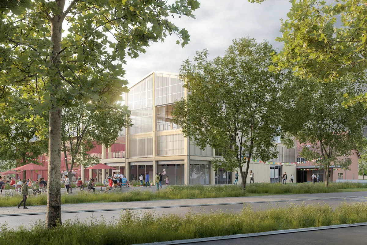 Alt trifft auf Neu: Auf dem Zeughausareal sollen die alten denkmalgeschützten Gebäude bestehen bleiben und durch neue, moderne Anlagen ergänzt werden. Bild eines Hauses, im Vordergrund eine Strasse und Bäume.